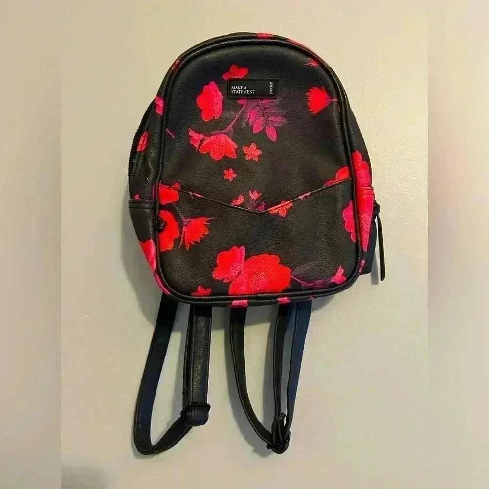 Justice Backpack purse, adj. straps, black, fuschia, pink